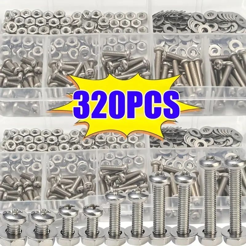 Furniture Hardware Repair - ชุดน็อตหกเหลี่ยมและสลักเกลียว 320 ชิ้น M2-M5 ชุดอุปกรณ์ฮาร์ดแวร์อเนกประสงค์ทนทานสำหรับงาน DIY