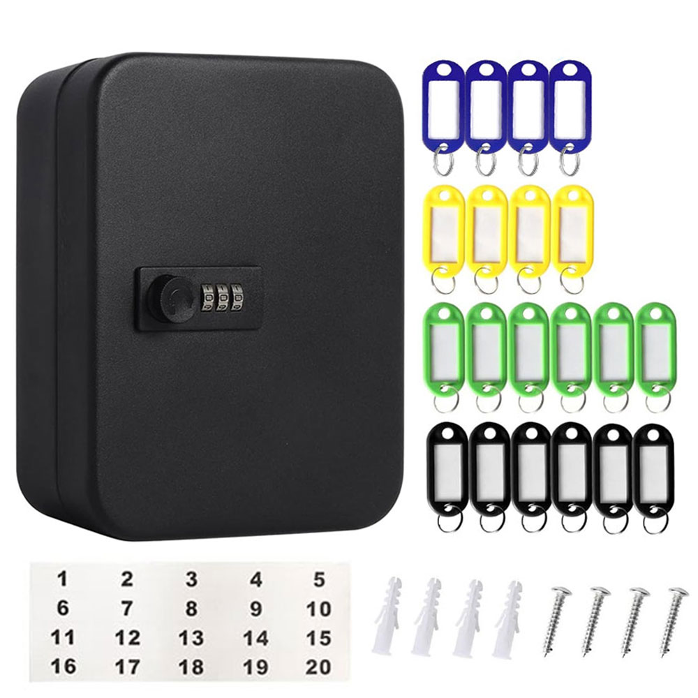 Cabinet Lock Key - กล่องใส่กุญแจนิรภัยสีดำพร้อมรหัสล็อค 3 หลัก, ตะขอ 20 อัน,