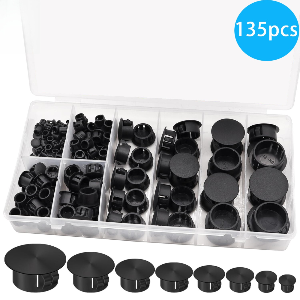 Furniture Hardware Types - ฝาปิดรูพลาสติกแบบสกรู 135 ชิ้น สีดำ สำหรับเฟอร์นิเจอร์ หัวปลั๊กกลม